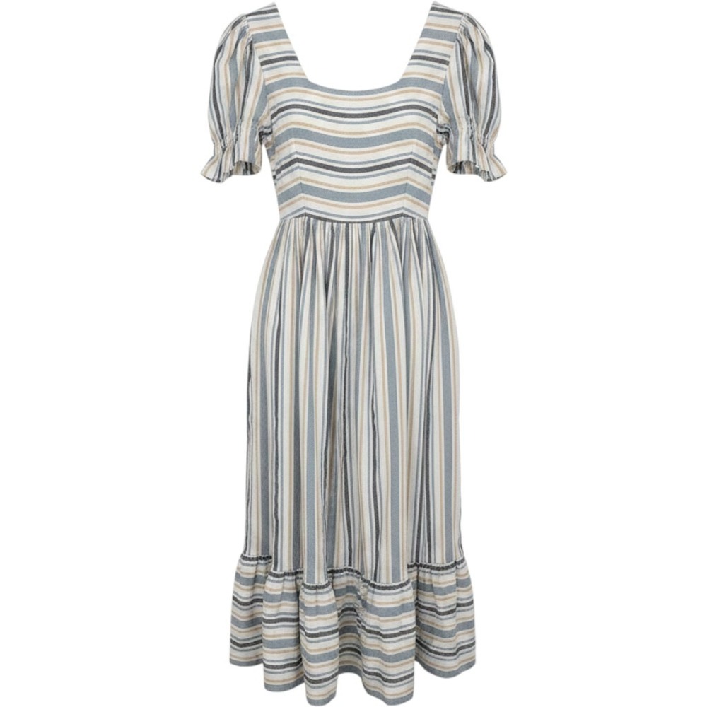JessaKae Puff Sleeve Maxi Dress Women XS Blue Tan Cotton Romantic Stripe Prairie